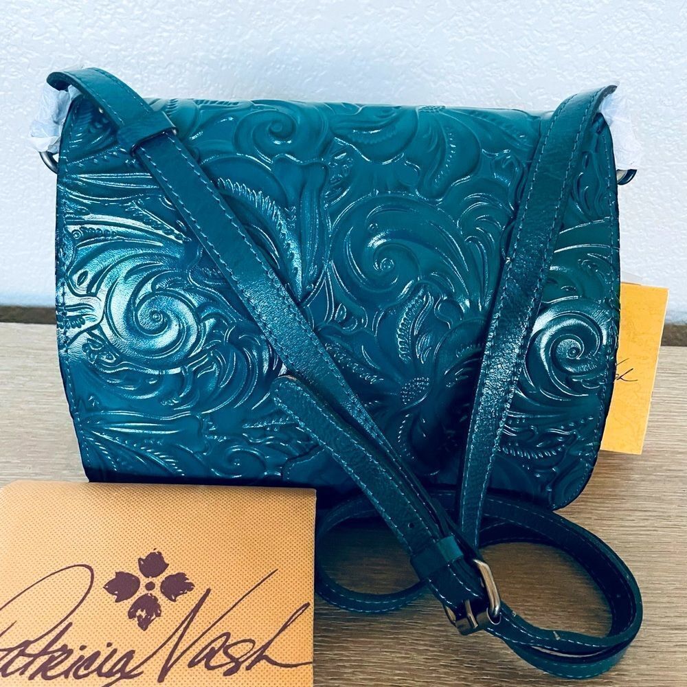 Patricia Nash Ilina Blue Coral Teal Tooled Leather Crossbody Bag Purse